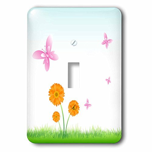 3dRose lsp_78667_1 A Pretty Scene With Orange Flowers And Pink Flying Butterflies Single Toggle Switch, Multic
